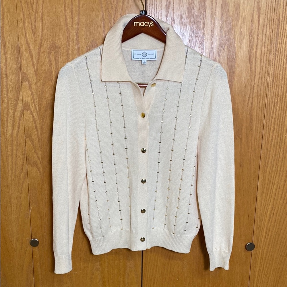 Saint John sport by Marie Gray Cream Button-Up Women's Sweater with Gold buttons